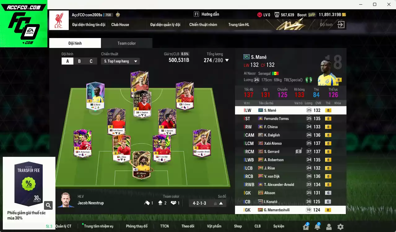 Liverpool 500.530b dư 11.000b có Dalglish DC, Alonso CC, Van Dijk 23HW, Gerrard CC, Konaté 24TS+6, Alisson DCB+6, Riise JNM, Robertson 23HW, Arnold HG, Torres HG... Dư 57.000 TC, HLV Xịn