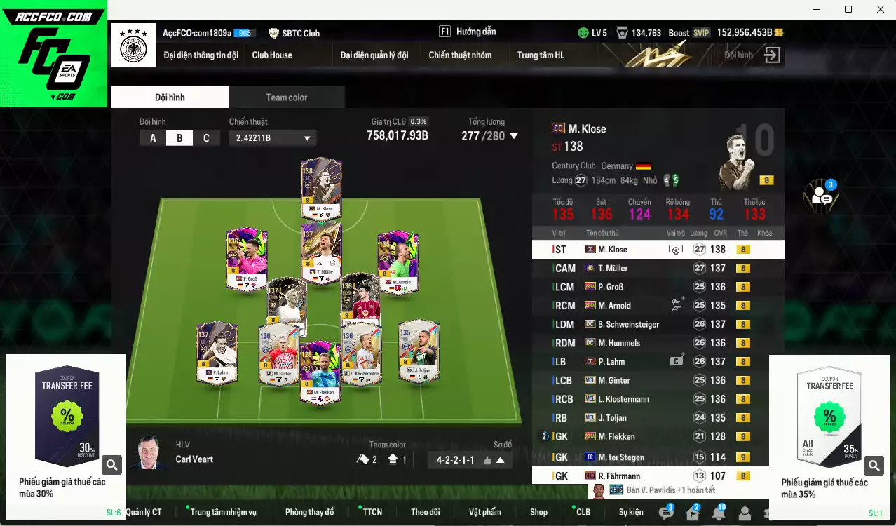 [Dư nhiều BP, ACC Rẻ🔥] Đức 758.010b dư 152.000b có Klose CC, Muller HG, Lahm CC, Schweinsteiger DC, Klostermann MDL, Ginter MDL, Hummels DC, Toljan MDL, Arnold 23HW, GroB 23HW... Đã full nữa bảng đào tạo chiến thuật, HLV Xịn