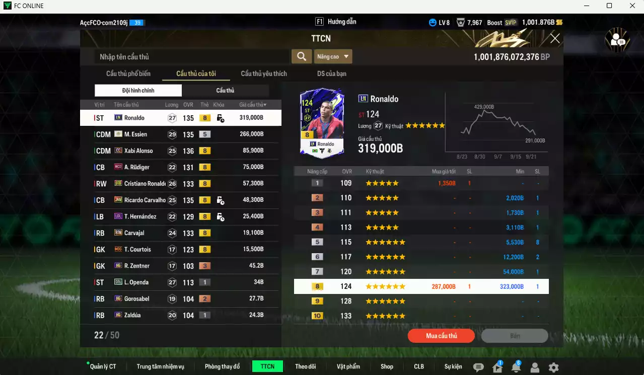 Ảnh [ACC Rẻ🔥] Real Madrid 911.700b có Ronaldo LN, Essien ITM+5, Alonso CC, Rudiger WC22, CR7 BTB, Carvalho JNM, Theo LOL, Carvajal BTB. Dư 28.000 TC