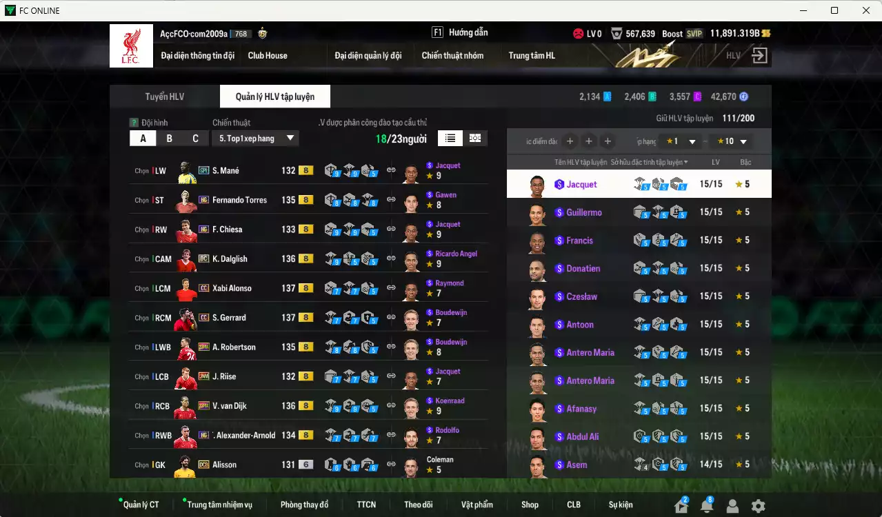Ảnh Liverpool 500.530b dư 11.000b có Dalglish DC, Alonso CC, Van Dijk 23HW, Gerrard CC, Konaté 24TS+6, Alisson DCB+6, Riise JNM, Robertson 23HW, Arnold HG, Torres HG... Dư 57.000 TC, HLV Xịn