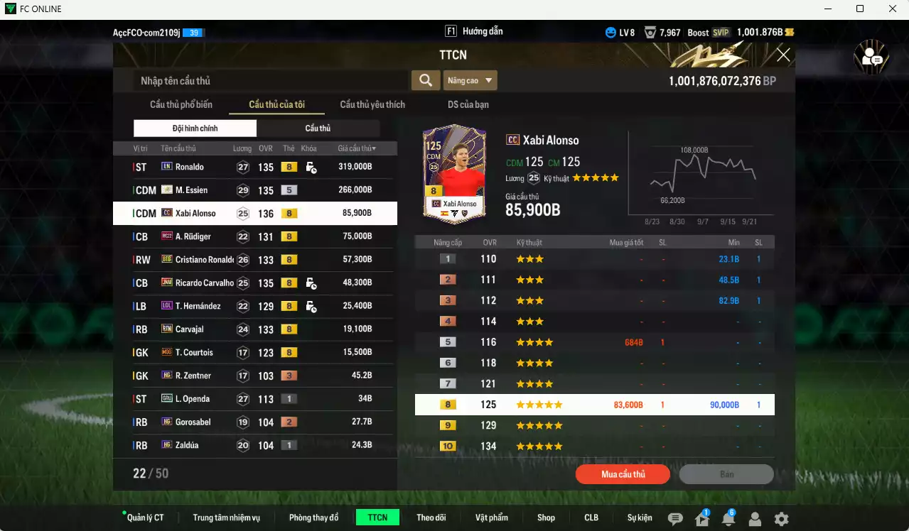 Ảnh [ACC Rẻ🔥] Real Madrid 911.700b có Ronaldo LN, Essien ITM+5, Alonso CC, Rudiger WC22, CR7 BTB, Carvalho JNM, Theo LOL, Carvajal BTB. Dư 28.000 TC