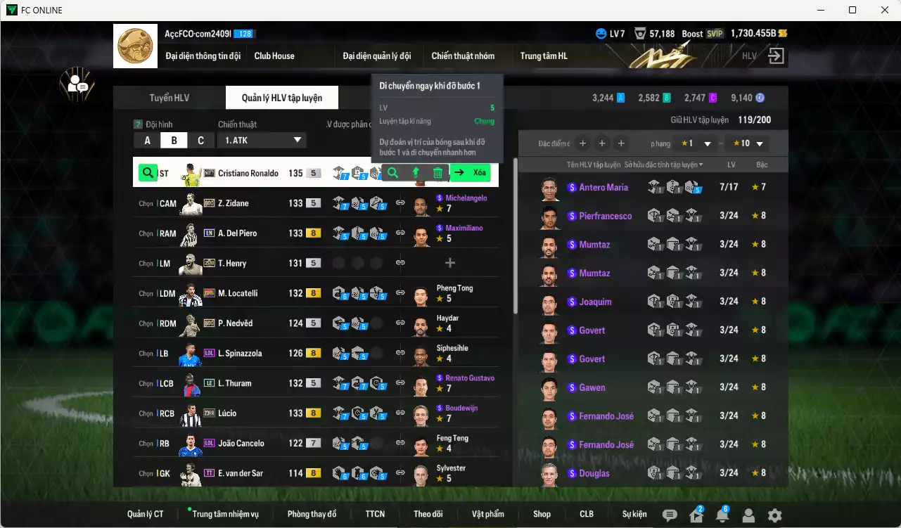 Ảnh Juventus 420.210b có CR7 No.7, Lúcio 23HR, Del Piero LN, Henry 25IM, Zidane BDO, Thuram LE, Locatelli 23HW... Dư 34.000 TC, HLV Xịn