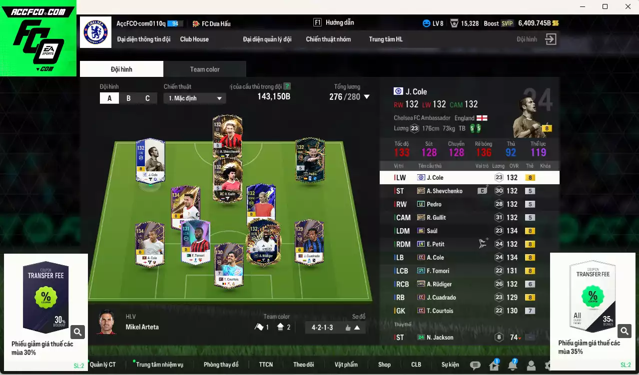[ACC Rẻ🔥] Chelsea 143.150b có Rudiger 24TS+6, Gullit BDO, Pedro LE, Sheva BDO, J. Cole CFA, A. Cole CC, Saúl HG, Petit LN... Đào tạo full chỉ số nhiều CT, HLV Xịn