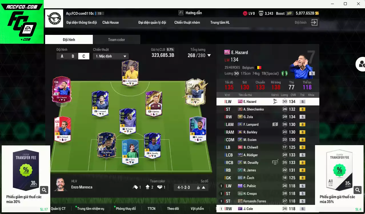 [ACC Rẻ🔥] Chelsea 323.680b có Sheva CC, Zola ITM+5, Hazard 25HR, Rudiger 25TY, Lampard LN, James SPL, Desailly LN... Còn nhiều CP GIẢM THUẾ