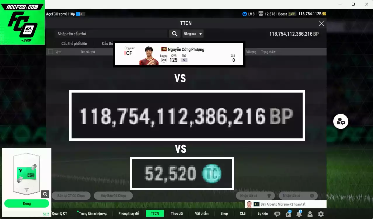 [ACC Rẻ🔥] ACC 118754b vs Công Phượng PRM+5, có thẻ đổi tên, còn nhiều CP GIẢM THUẾ. Dư 52.000TC