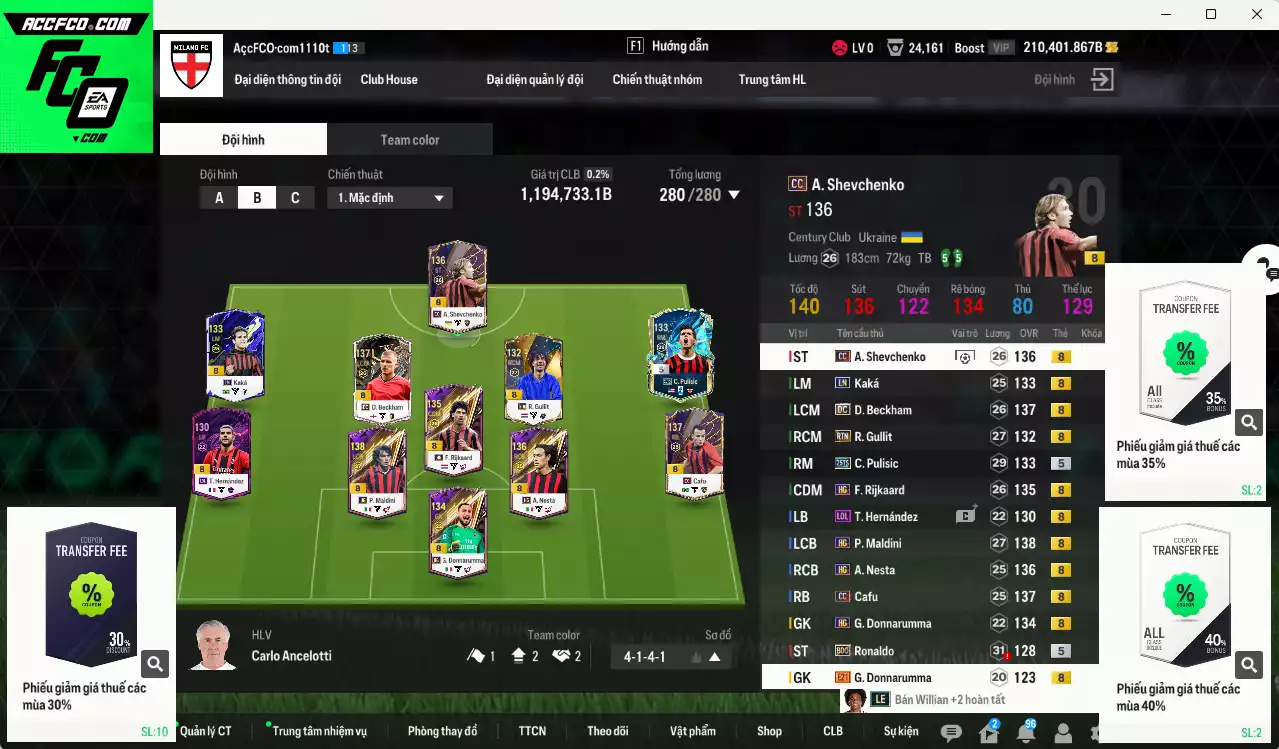 [Dư nhiều BP, ACC Rẻ🔥] AC Milan 1.194.730b dư 210.000b có Beckham DC, Maldini HG, Kaká LN, Sheva CC, Gullit RTN, Rijkaard HG, Pulisic 25TS, Cafu CC, Nesta HG, Ronaldo BDO... Còn nhiều CP GIẢM THUẾ, Dư 34.000TC