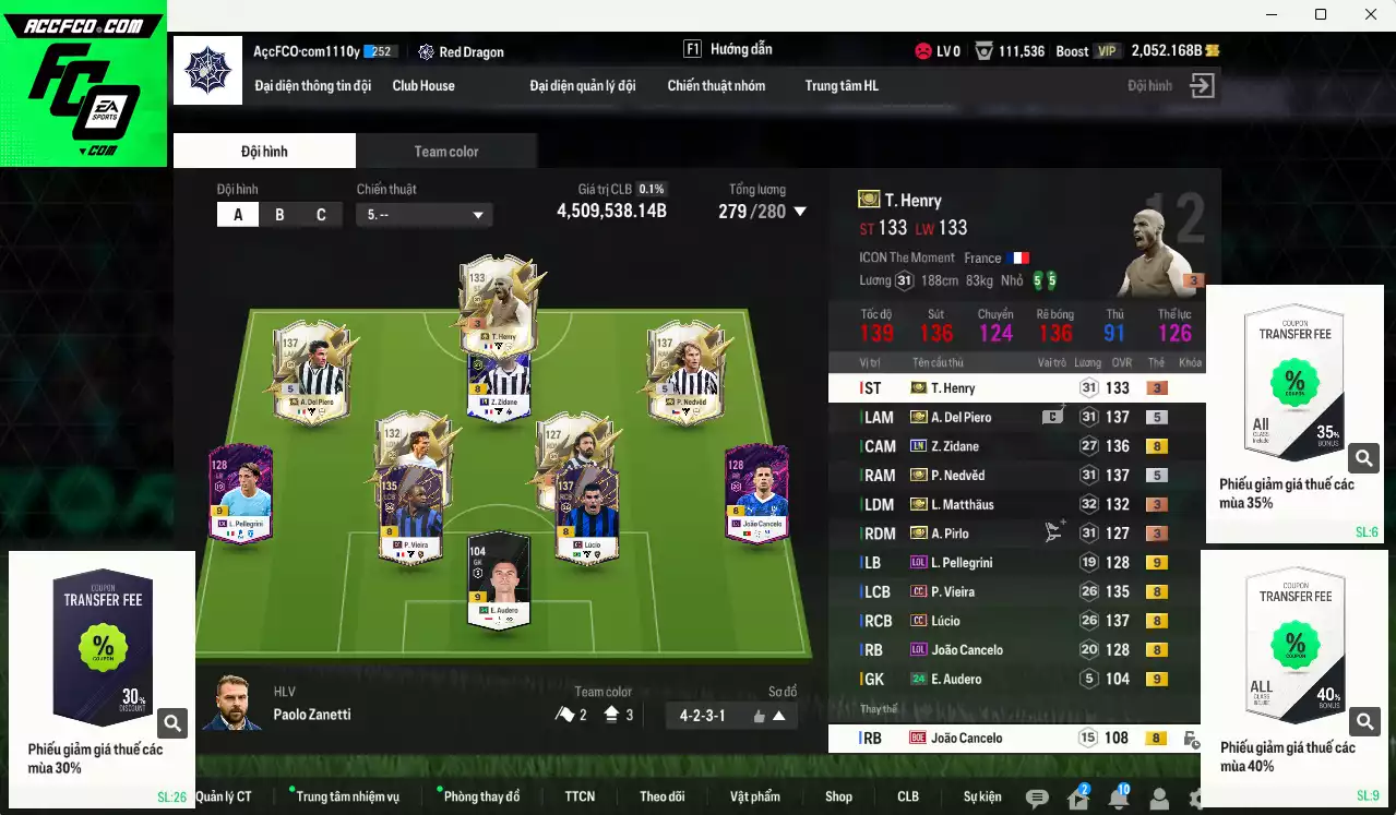 [ACC Rẻ🔥] Juventus 4.509.530b có Nedved ITM+5, Del Piero ITM+5, Henry ITM+3, Matthaus ITM+3, Zidane LN, Lúcio CC, Vieira CC, Pirlo ITM+3... Còn nhiều CP GIẢM THUẾ, gần full đào tạo, HLV Xịn