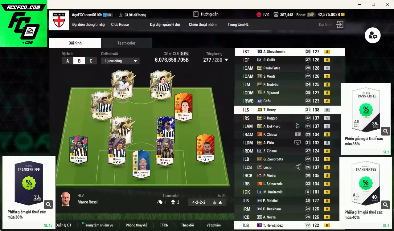 [ACC Rẻ🔥] Juventus mix Milan 6.076.650b dư 42.000b có Henry ITM+5, Baggio ITM+5, Pirlo ITM+5, Del Piero ITM+5, Zidane LN, Lúcio CC, Sheva LN, Spinnazolla E21+9, Zambrotta BTB+9, Maldini LN, Vieira CC, Futre ITM+5, Gullit LN, Beckham LN, Chiesa E21+9(bù), Verdi RTN+9(bù)... HLV Xịn
