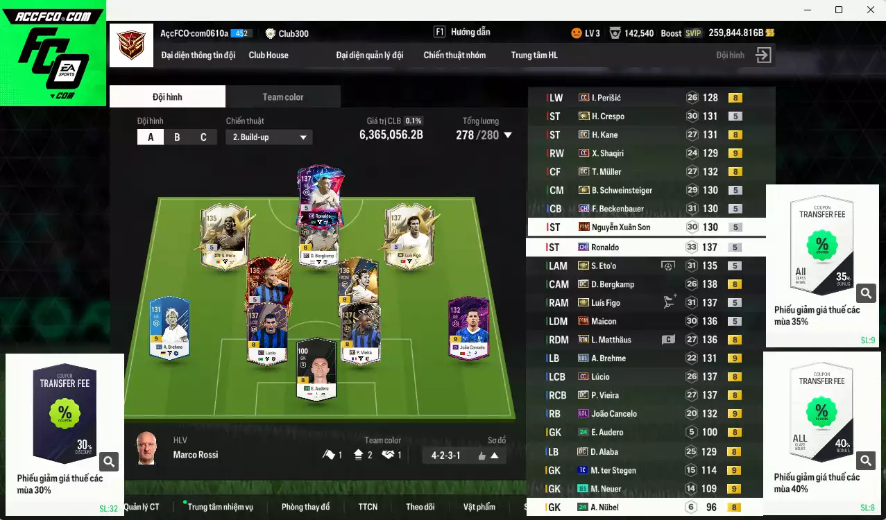 Inter mix Bayern 6.365.050b dư 259.000b có Eto ITM+5, Figo ITM+5, Maicon PRM+5, Ronaldo CH, Schweinsteiger ITM+5, Vieira DC, Kane DC, Beckenbauer CH, Matthaus RTN, Crespo ITM+5, Muller DC, Lúcio CC, Bergkamp DC, Alaba DC, Shaqiri CC+9(bù), Perisic CC... Còn nhiều CP GIẢM THUẾ, Đào tạo full chỉ số nhiều CT, dư 51.000TC, HLV Xịn