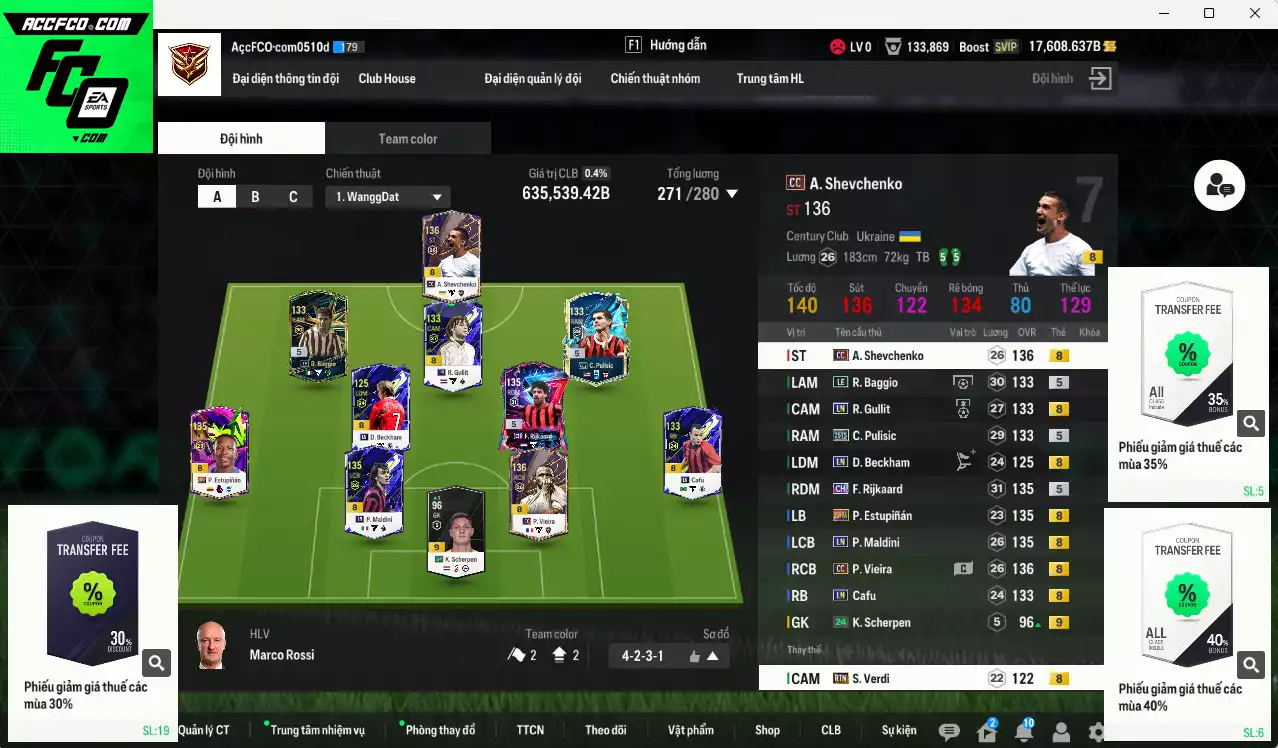 AC Milan 635.530b dư 17.000b có Maldini LN, Vieira CC, Sheva CC, Gullit LN, Pulisic 25TS, Rijkaard CH, Beckham LN, Baggio LE, Cafu LN, Estupinan 23HW... Còn nhiều CP GIẢM THUẾ, đã full nữa bảng đào tạo, HLV Xịn. VIP BK Tháng 10