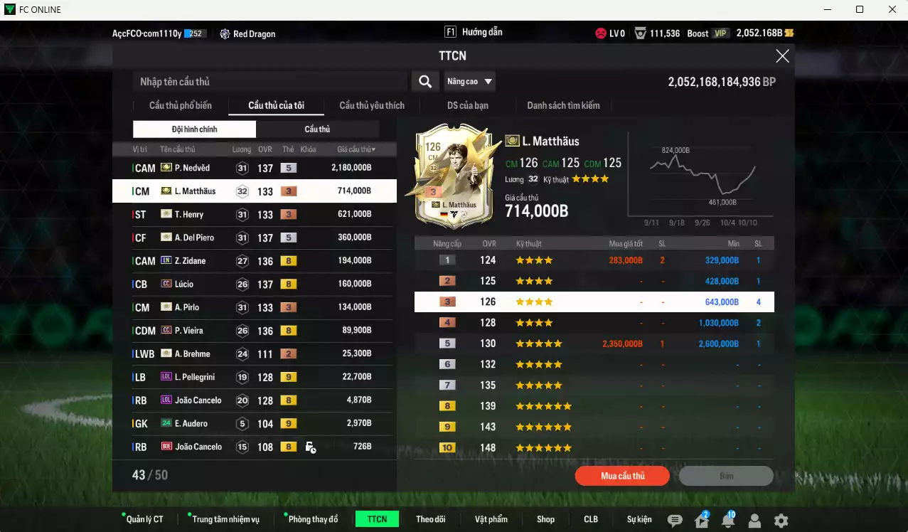 Ảnh [ACC Rẻ🔥] Juventus 4.509.530b có Nedved ITM+5, Del Piero ITM+5, Henry ITM+3, Matthaus ITM+3, Zidane LN, Lúcio CC, Vieira CC, Pirlo ITM+3... Còn nhiều CP GIẢM THUẾ, gần full đào tạo, HLV Xịn