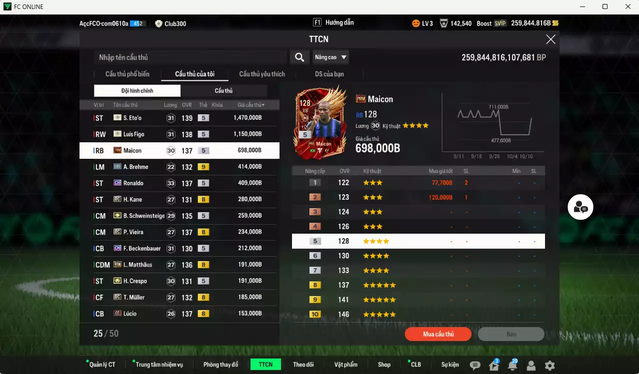 Ảnh Inter mix Bayern 6.365.050b dư 259.000b có Eto ITM+5, Figo ITM+5, Maicon PRM+5, Ronaldo CH, Schweinsteiger ITM+5, Vieira DC, Kane DC, Beckenbauer CH, Matthaus RTN, Crespo ITM+5, Muller DC, Lúcio CC, Bergkamp DC, Alaba DC, Shaqiri CC+9(bù), Perisic CC... Còn nhiều CP GIẢM THUẾ, Đào tạo full chỉ số nhiều CT, dư 51.000TC, HLV Xịn