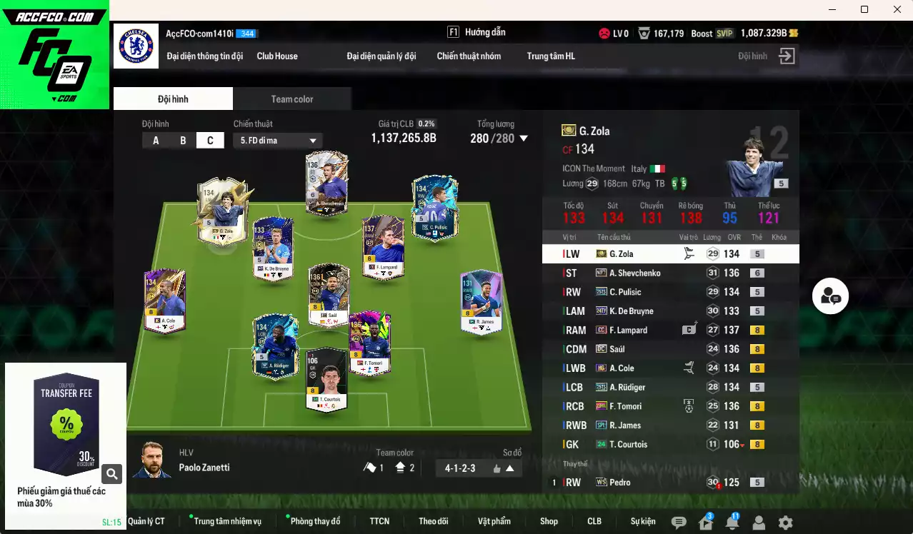 Chelsea 1.137.260b có Sheva No7+6, Pedro WS, Zola ITM+5, Lampard CC, Tomori 23HW, Pulisic 25TS, Rudiger 25TS, Saúl DC, De Bruyne 24TY, James SPL... Đã full nữa bảng đào tạo CT, dư 26.000TC, HLV Xịn