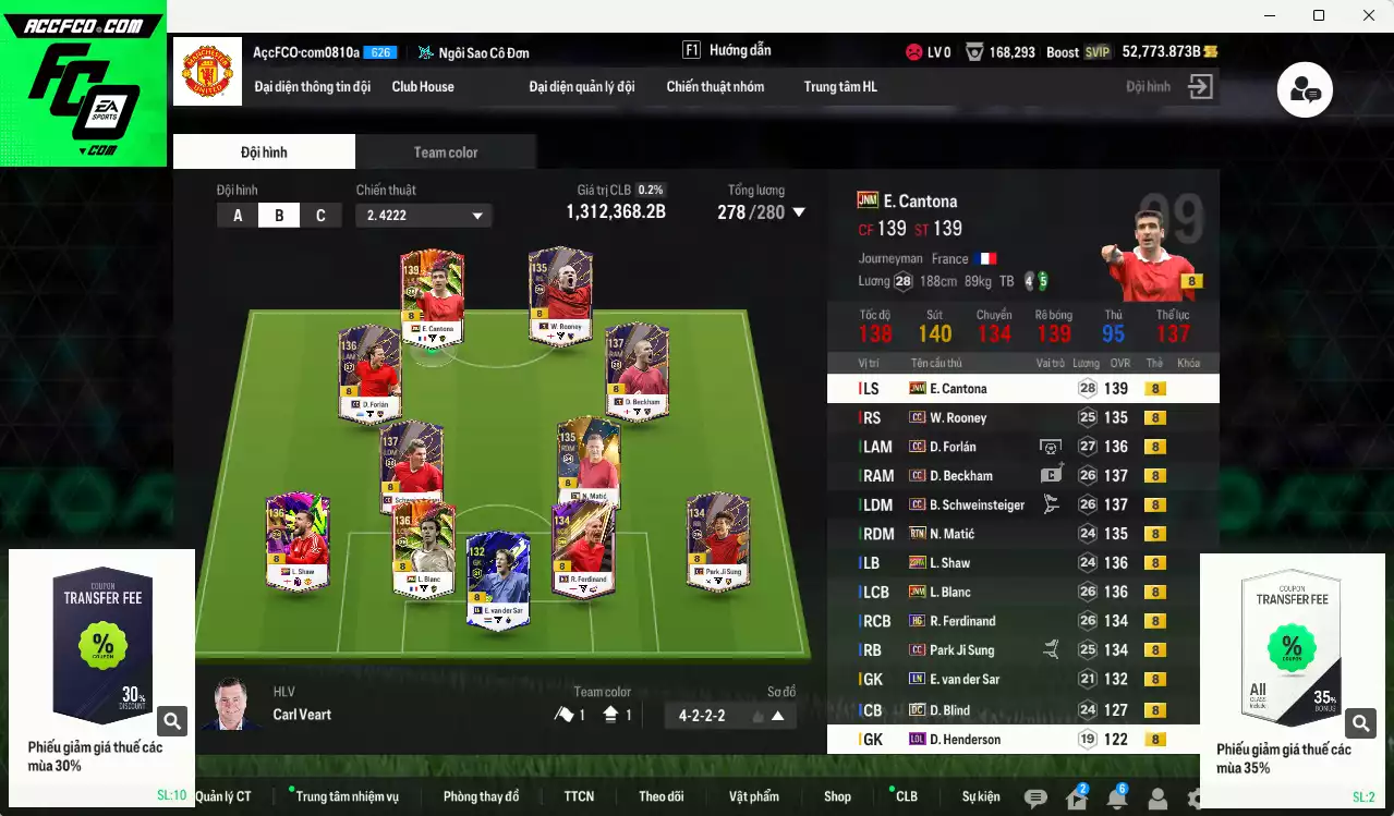 [ACC Rẻ🔥] Man Utd. 1.312.360b dư 52.000b có Forlán CC, Cantona JNM, Beckham CC, Schweinsteiger CC, Blanc JNM, Shaw 23 HW, Park CC, Matic RTN, Rooney CC, Ferdinand HG, Blind DC... Đã full bảng đào tạo chiến thuật, HLV Xịn