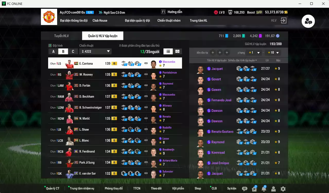 Ảnh [ACC Rẻ🔥] Man Utd. 1.312.360b dư 52.000b có Forlán CC, Cantona JNM, Beckham CC, Schweinsteiger CC, Blanc JNM, Shaw 23 HW, Park CC, Matic RTN, Rooney CC, Ferdinand HG, Blind DC... Đã full bảng đào tạo chiến thuật, HLV Xịn