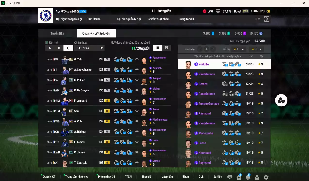 Ảnh Chelsea 1.137.260b có Sheva No7+6, Pedro WS, Zola ITM+5, Lampard CC, Tomori 23HW, Pulisic 25TS, Rudiger 25TS, Saúl DC, De Bruyne 24TY, James SPL... Đã full nữa bảng đào tạo CT, dư 26.000TC, HLV Xịn