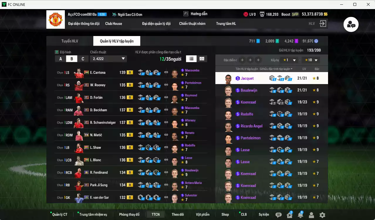 Ảnh [ACC Rẻ🔥] Man Utd. 1.312.360b dư 52.000b có Forlán CC, Cantona JNM, Beckham CC, Schweinsteiger CC, Blanc JNM, Shaw 23 HW, Park CC, Matic RTN, Rooney CC, Ferdinand HG, Blind DC... Đã full bảng đào tạo chiến thuật, HLV Xịn