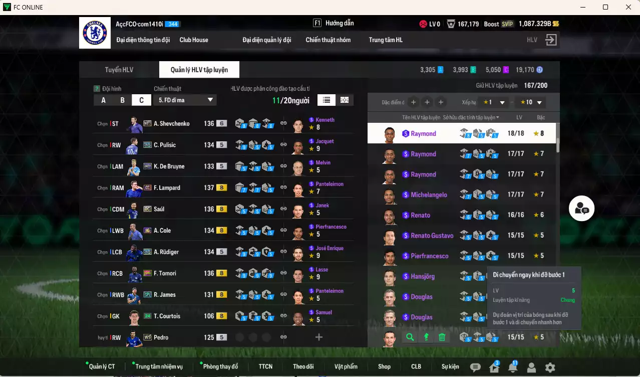 Ảnh Chelsea 1.137.260b có Sheva No7+6, Pedro WS, Zola ITM+5, Lampard CC, Tomori 23HW, Pulisic 25TS, Rudiger 25TS, Saúl DC, De Bruyne 24TY, James SPL... Đã full nữa bảng đào tạo CT, dư 26.000TC, HLV Xịn