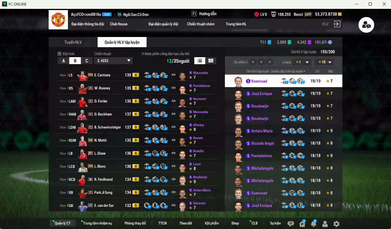 Ảnh [ACC Rẻ🔥] Man Utd. 1.312.360b dư 52.000b có Forlán CC, Cantona JNM, Beckham CC, Schweinsteiger CC, Blanc JNM, Shaw 23 HW, Park CC, Matic RTN, Rooney CC, Ferdinand HG, Blind DC... Đã full bảng đào tạo chiến thuật, HLV Xịn