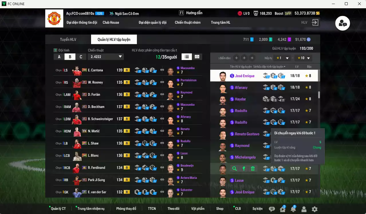 Ảnh [ACC Rẻ🔥] Man Utd. 1.312.360b dư 52.000b có Forlán CC, Cantona JNM, Beckham CC, Schweinsteiger CC, Blanc JNM, Shaw 23 HW, Park CC, Matic RTN, Rooney CC, Ferdinand HG, Blind DC... Đã full bảng đào tạo chiến thuật, HLV Xịn