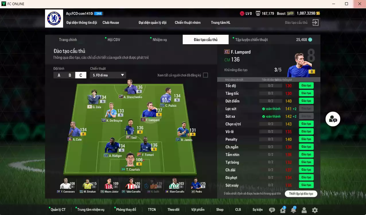 Ảnh Chelsea 1.137.260b có Sheva No7+6, Pedro WS, Zola ITM+5, Lampard CC, Tomori 23HW, Pulisic 25TS, Rudiger 25TS, Saúl DC, De Bruyne 24TY, James SPL... Đã full nữa bảng đào tạo CT, dư 26.000TC, HLV Xịn