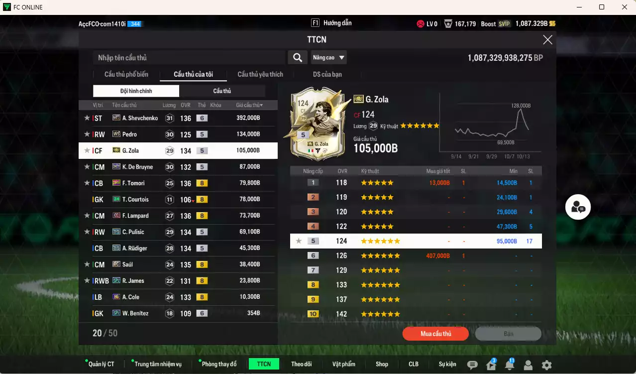 Ảnh Chelsea 1.137.260b có Sheva No7+6, Pedro WS, Zola ITM+5, Lampard CC, Tomori 23HW, Pulisic 25TS, Rudiger 25TS, Saúl DC, De Bruyne 24TY, James SPL... Đã full nữa bảng đào tạo CT, dư 26.000TC, HLV Xịn