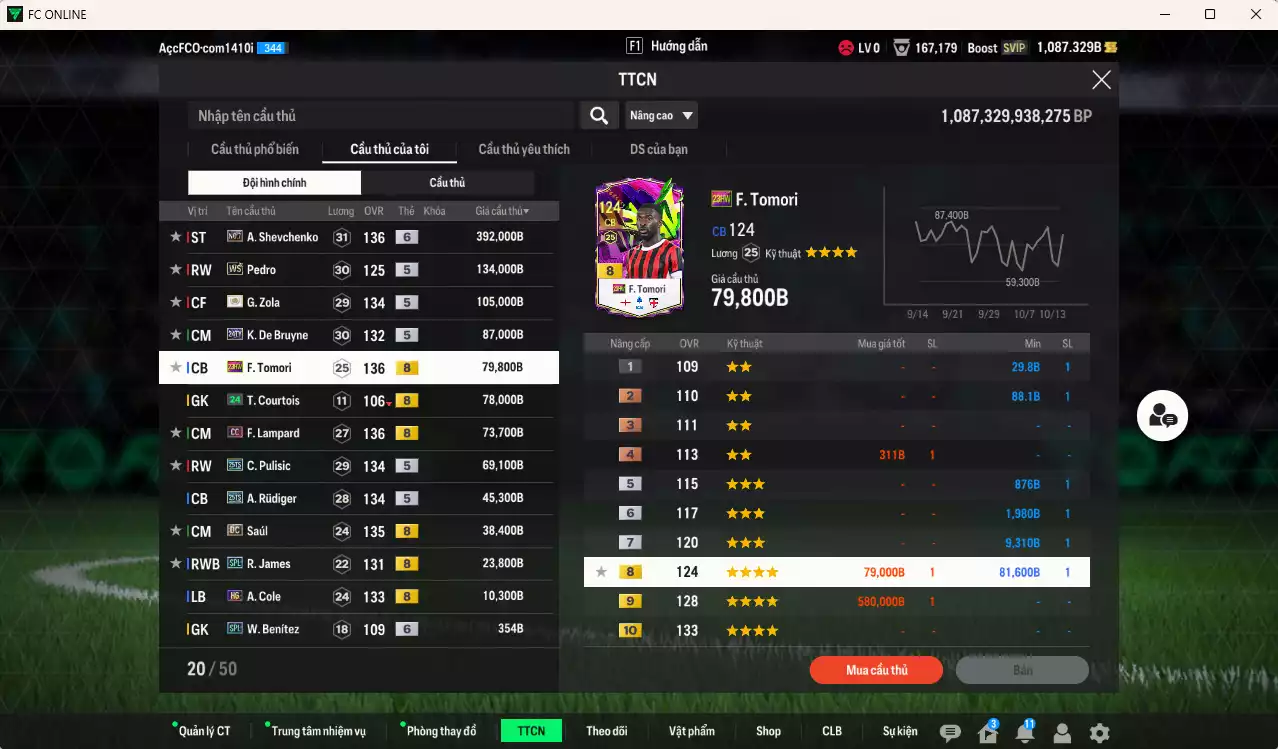 Ảnh Chelsea 1.137.260b có Sheva No7+6, Pedro WS, Zola ITM+5, Lampard CC, Tomori 23HW, Pulisic 25TS, Rudiger 25TS, Saúl DC, De Bruyne 24TY, James SPL... Đã full nữa bảng đào tạo CT, dư 26.000TC, HLV Xịn