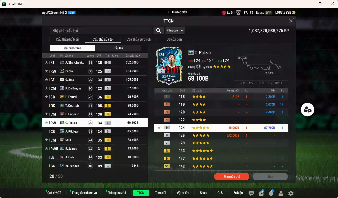 Ảnh Chelsea 1.137.260b có Sheva No7+6, Pedro WS, Zola ITM+5, Lampard CC, Tomori 23HW, Pulisic 25TS, Rudiger 25TS, Saúl DC, De Bruyne 24TY, James SPL... Đã full nữa bảng đào tạo CT, dư 26.000TC, HLV Xịn