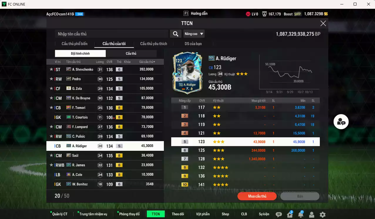 Ảnh Chelsea 1.137.260b có Sheva No7+6, Pedro WS, Zola ITM+5, Lampard CC, Tomori 23HW, Pulisic 25TS, Rudiger 25TS, Saúl DC, De Bruyne 24TY, James SPL... Đã full nữa bảng đào tạo CT, dư 26.000TC, HLV Xịn