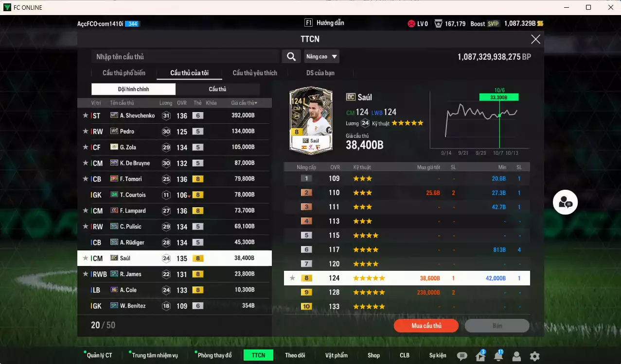 Ảnh Chelsea 1.137.260b có Sheva No7+6, Pedro WS, Zola ITM+5, Lampard CC, Tomori 23HW, Pulisic 25TS, Rudiger 25TS, Saúl DC, De Bruyne 24TY, James SPL... Đã full nữa bảng đào tạo CT, dư 26.000TC, HLV Xịn