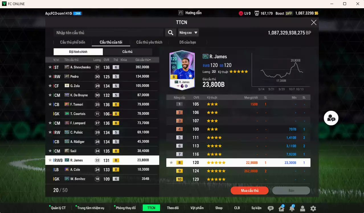 Ảnh Chelsea 1.137.260b có Sheva No7+6, Pedro WS, Zola ITM+5, Lampard CC, Tomori 23HW, Pulisic 25TS, Rudiger 25TS, Saúl DC, De Bruyne 24TY, James SPL... Đã full nữa bảng đào tạo CT, dư 26.000TC, HLV Xịn