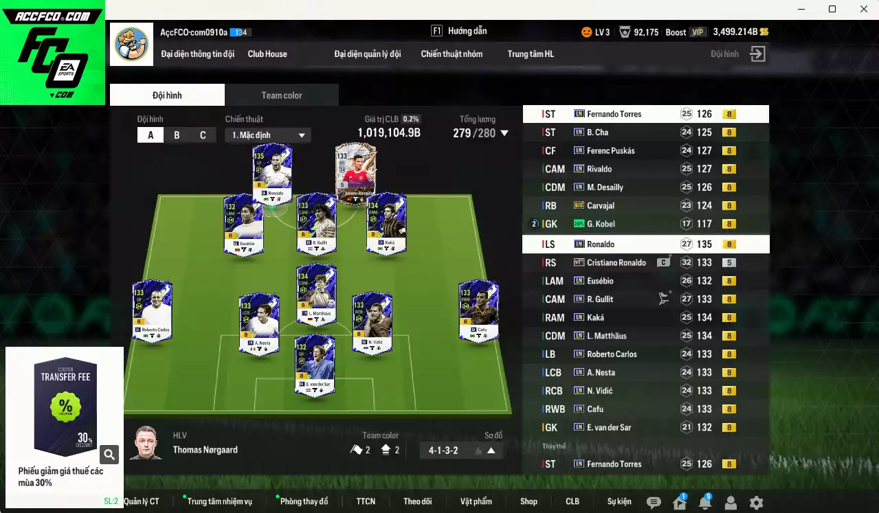 [ACC Rẻ🔥] Full mùa LN+8 1.019.100b vs CR7 No.7 có Ronaldo, Kaká, Gullit, Matthaus, Vidic, Eusébio, Nesta, Carlos, Cafu, Rivaldo, Puskás, Desailly, VDS, Torres... LN+8 . HLV Xịn