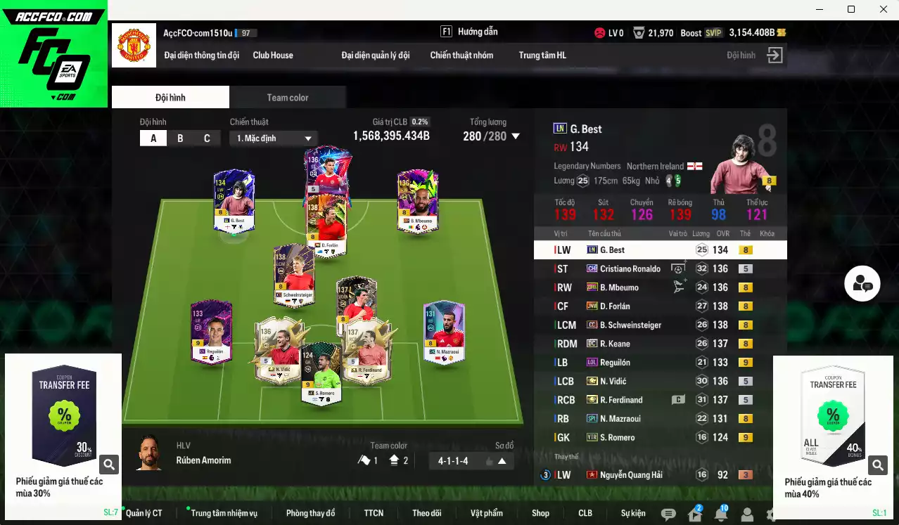 Man Utd. 1.568.390b có Ferdinand ITM+5, Vidic ITM+5, Forlán JNM, CR7 CH, Schweinsteiger CC, Keane DC, Mbeumo 23HW, Mazraoui SPL, Reguilón LOL+9, Best LN... Đã đào tạo full chỉ số nhiều CT, dư 31.000TC, VIP BK Tháng 10