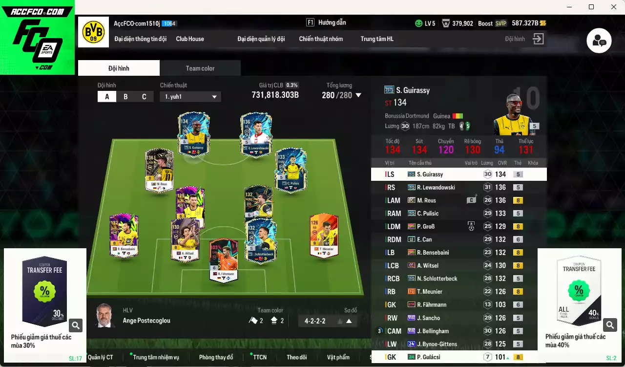 Borussia Dortmund 731.810b có Lewandowski 25TS, Reus DC, E. Can LE+6, Pulisic 25TS, Bellingham WB, Guirassy 25TS, GroB 23HW, Schlotterbeck 25TS, Bensebaini 23HW, Sancho WB... Đã full hơn nữa bảng đào tạo, HLV Xịn
