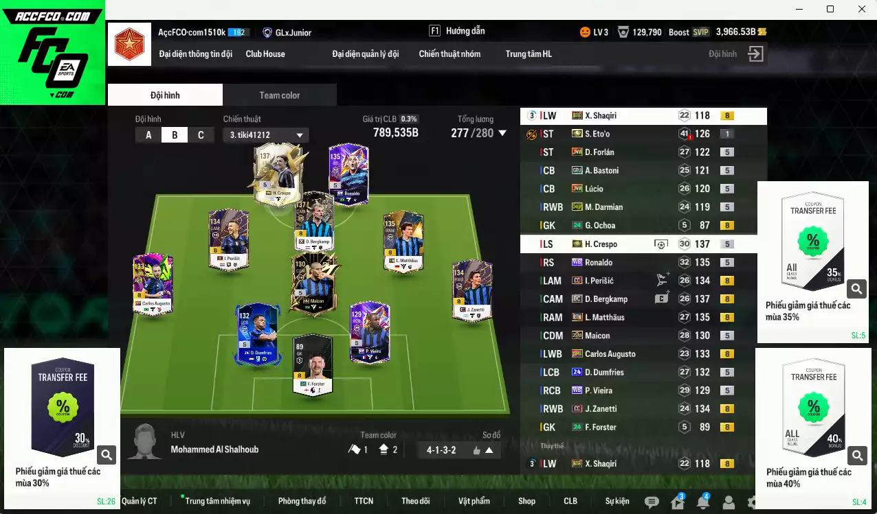 [ACC Rẻ🔥] Inter Milan 789.530b có Crespo ITM+5, Matthaus RTN, Bergkamp DC, Ronaldo WB, Perisic CC, Augusto 23HW, Dumfries 24UCL, Zanetti CC, Maicon 25IM... Còn nhiều CP GIẢM THUẾ, gần full bảng đào tạo chiến thuật, HLV Xịn