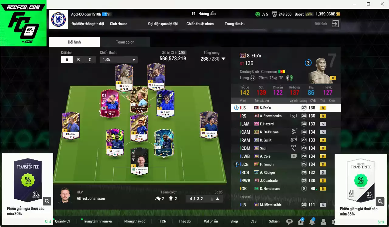 [ACC Rẻ🔥] Chelsea 566.570b có Eto CC, Sheva CC, Tomori 23HW, Gullit LN, Hazard 25HR, Rudiger 25TS, De Bruyne DCB, A. Cole HG, Saúl HG... HLV Xịn