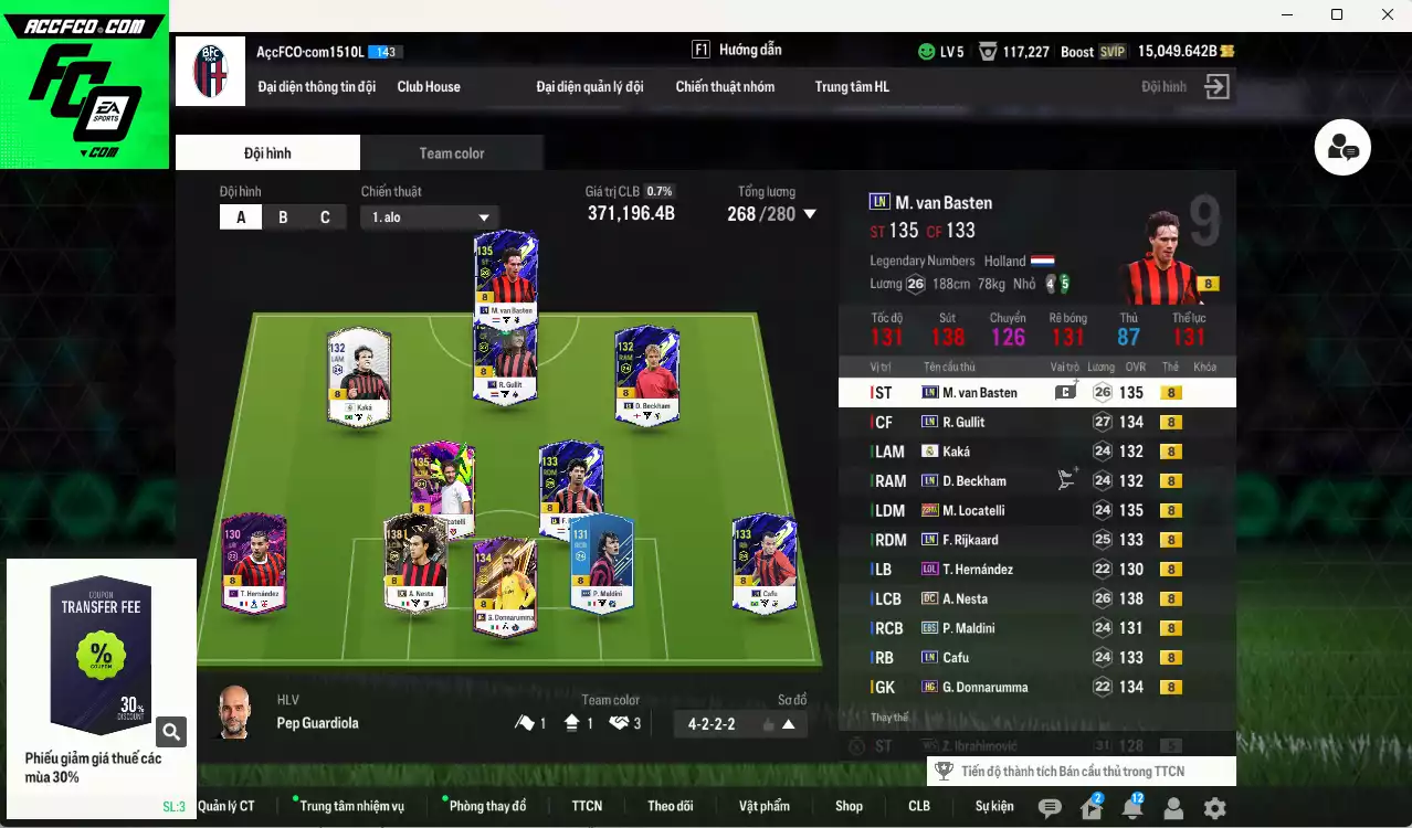 AC Milan 371.190b dư 15.000b có Nesta DC(fix BP), Gullit LN, Beckham LN, Besten LN, Kaká RMA, Rijkaard LN, Donnarumma HG, Theo LOL, Locatelli 23HW, Maldini EBS... HLV Xịn