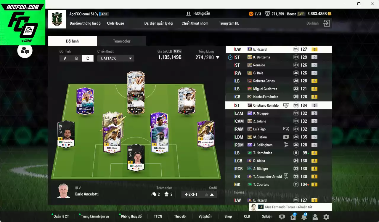 Real Madrid 1.105.140b có Essien ITM+5, Mbappé WB, CR7 No.7, Rudiger SPL, Hazard HG, Figo No.7, Bellingham WB, Carlos CC, Bale DCB, Zidane BDO, Ronaldo BDO, Alaba HG, Nacho DC, Arnold HG... Dư 136.000TC, HLV Xịn, VIP BK Tháng 10,11