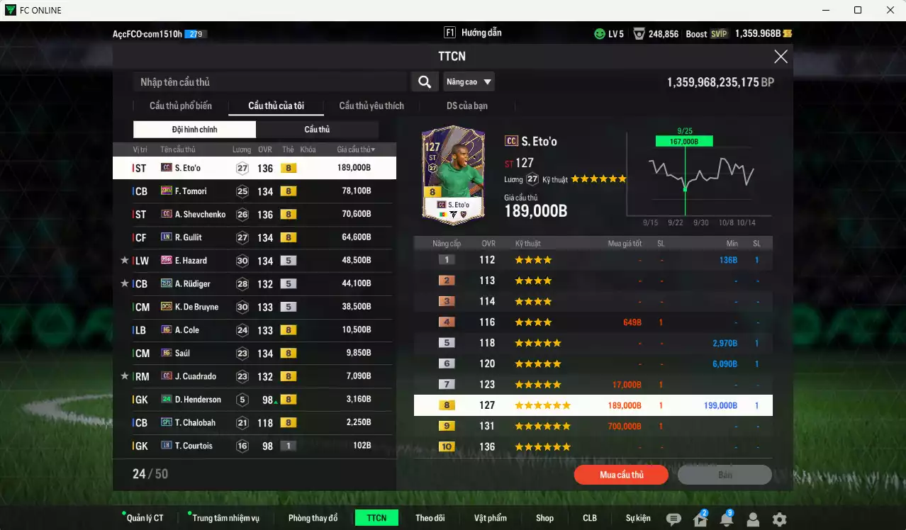 Ảnh [ACC Rẻ🔥] Chelsea 566.570b có Eto CC, Sheva CC, Tomori 23HW, Gullit LN, Hazard 25HR, Rudiger 25TS, De Bruyne DCB, A. Cole HG, Saúl HG... HLV Xịn