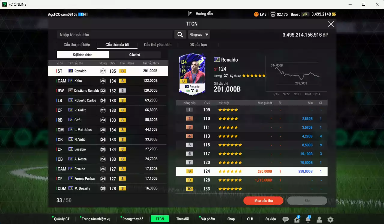 Ảnh [ACC Rẻ🔥] Full mùa LN+8 1.019.100b vs CR7 No.7 có Ronaldo, Kaká, Gullit, Matthaus, Vidic, Eusébio, Nesta, Carlos, Cafu, Rivaldo, Puskás, Desailly, VDS, Torres... LN+8 . HLV Xịn