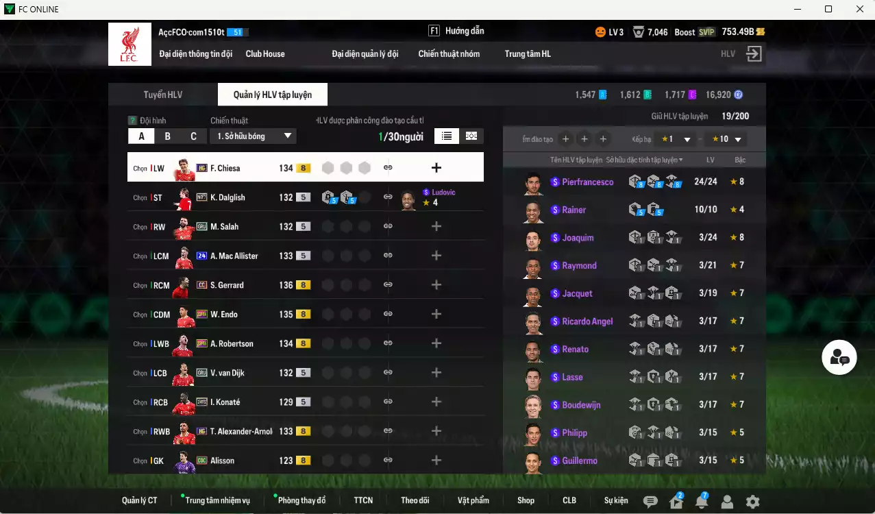 Ảnh [ACC Rẻ🔥] Liverpool 205.490b có Gerrard DC, Arnold HG, Endo 23HW, Robertson 23HW, Dalglish No.7, Mac Allister 24UCL, Konaté 24TS, Van Dijk GRU, Chiesa HG... Đã đào tạo chỉ số nhiều CT
