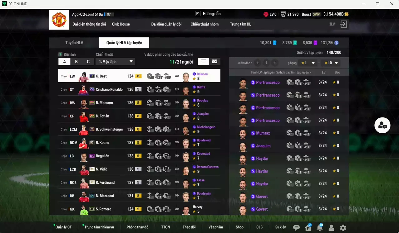 Ảnh Man Utd. 1.568.390b có Ferdinand ITM+5, Vidic ITM+5, Forlán JNM, CR7 CH, Schweinsteiger CC, Keane DC, Mbeumo 23HW, Mazraoui SPL, Reguilón LOL+9, Best LN... Đã đào tạo full chỉ số nhiều CT, dư 31.000TC, VIP BK Tháng 10