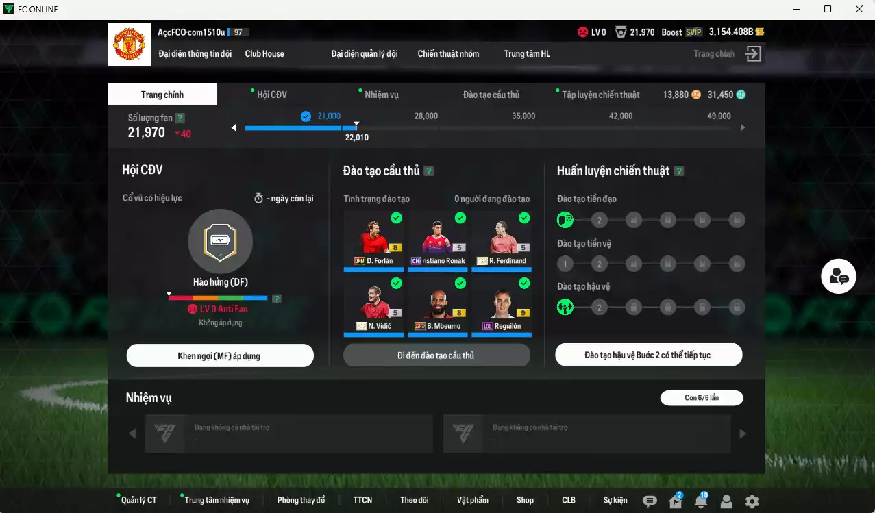 Ảnh Man Utd. 1.568.390b có Ferdinand ITM+5, Vidic ITM+5, Forlán JNM, CR7 CH, Schweinsteiger CC, Keane DC, Mbeumo 23HW, Mazraoui SPL, Reguilón LOL+9, Best LN... Đã đào tạo full chỉ số nhiều CT, dư 31.000TC, VIP BK Tháng 10