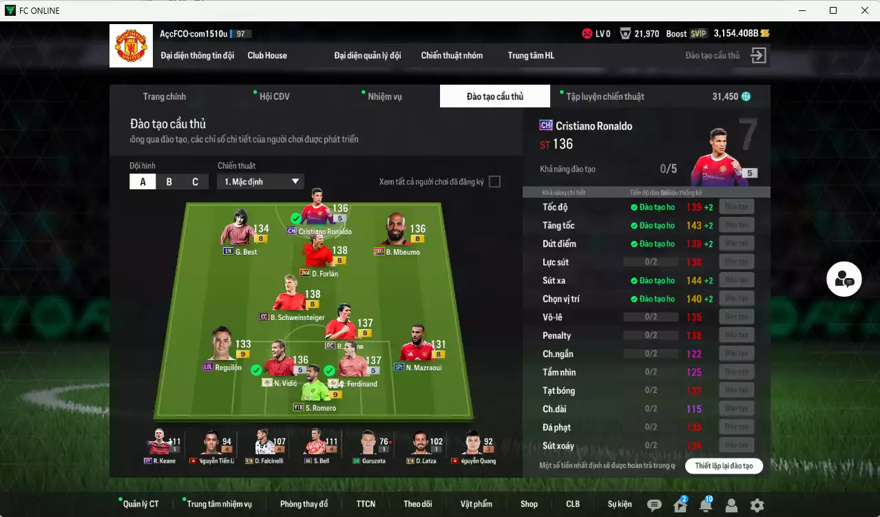 Ảnh Man Utd. 1.568.390b có Ferdinand ITM+5, Vidic ITM+5, Forlán JNM, CR7 CH, Schweinsteiger CC, Keane DC, Mbeumo 23HW, Mazraoui SPL, Reguilón LOL+9, Best LN... Đã đào tạo full chỉ số nhiều CT, dư 31.000TC, VIP BK Tháng 10