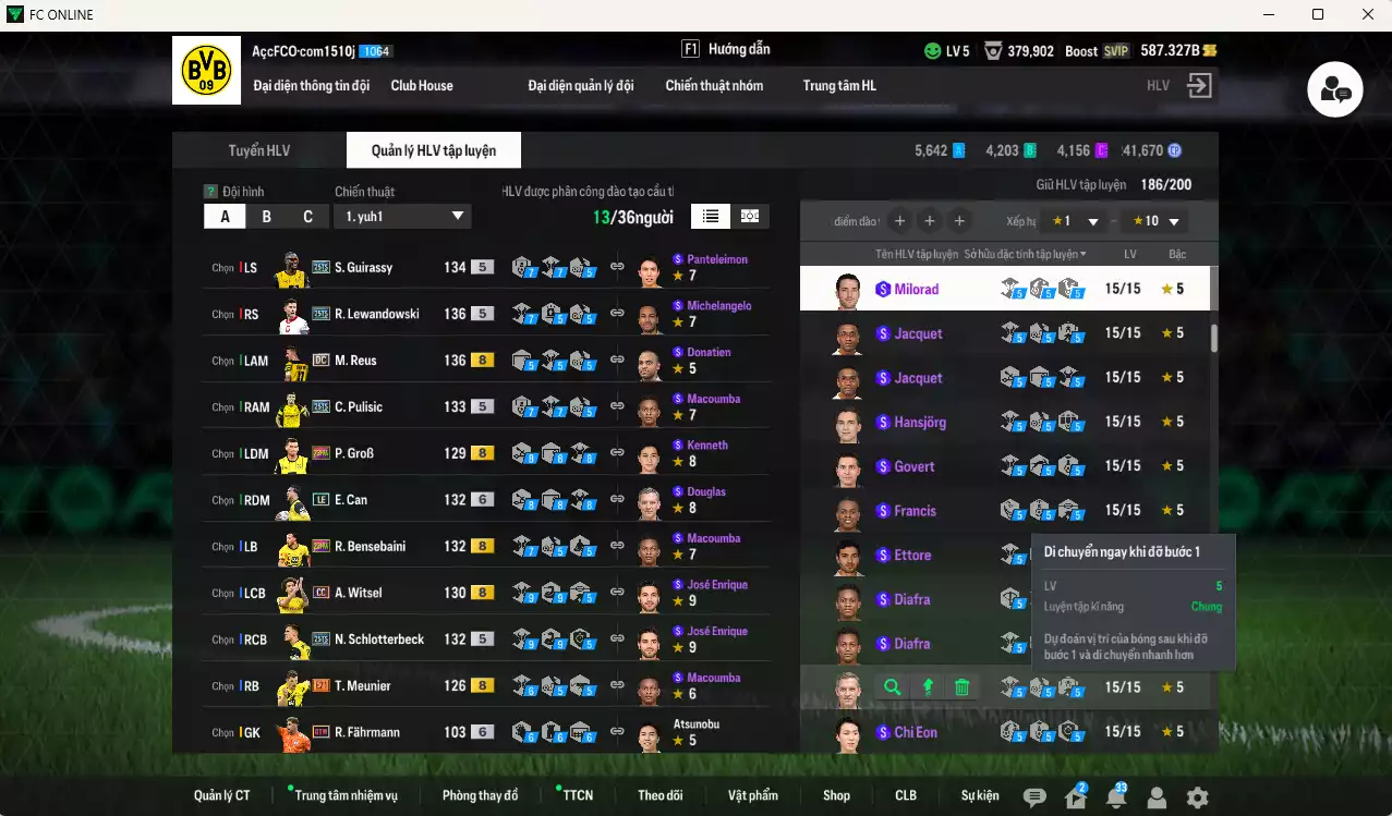 Ảnh Borussia Dortmund 731.810b có Lewandowski 25TS, Reus DC, E. Can LE+6, Pulisic 25TS, Bellingham WB, Guirassy 25TS, GroB 23HW, Schlotterbeck 25TS, Bensebaini 23HW, Sancho WB... Đã full hơn nữa bảng đào tạo, HLV Xịn