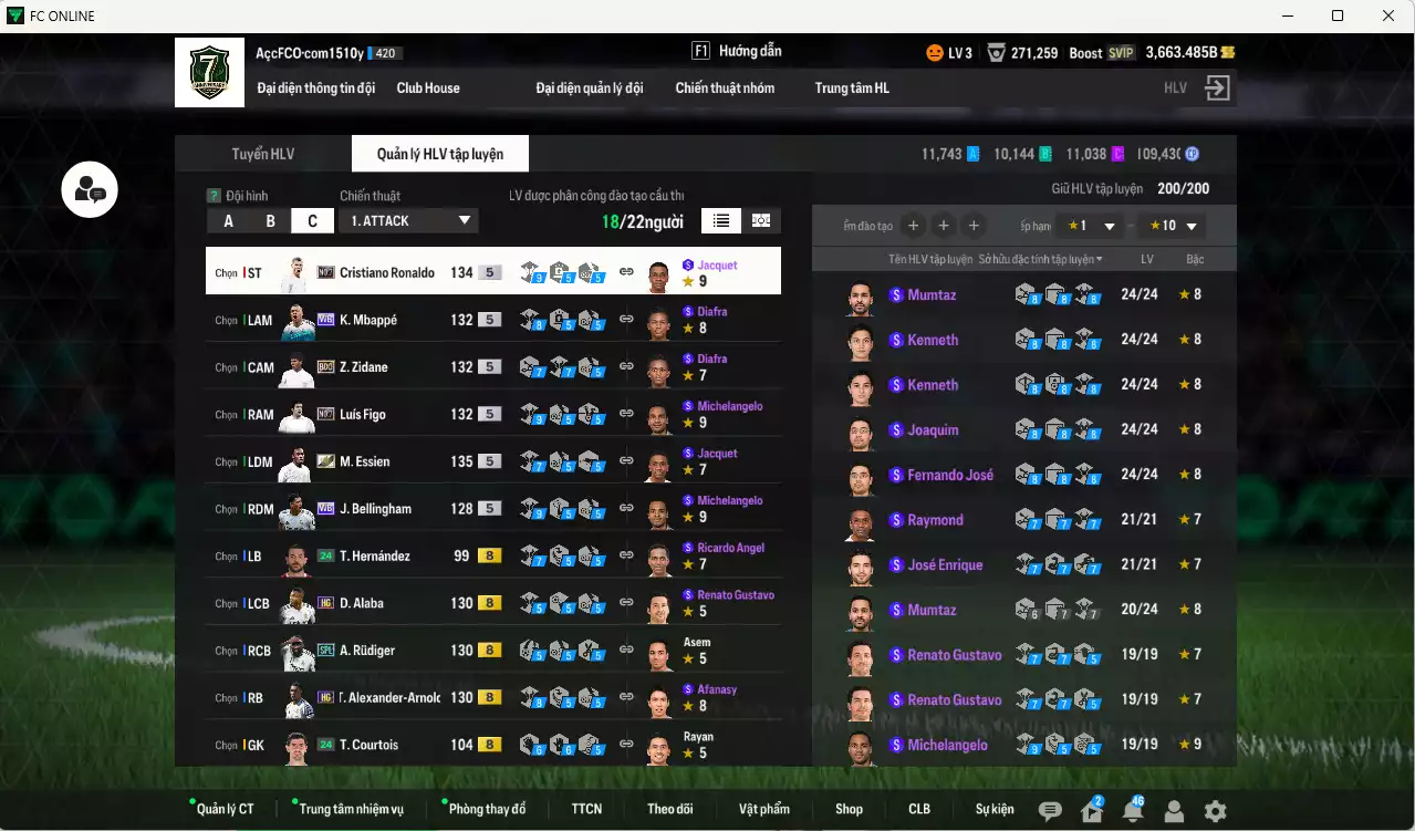 Ảnh Real Madrid 1.105.140b có Essien ITM+5, Mbappé WB, CR7 No.7, Rudiger SPL, Hazard HG, Figo No.7, Bellingham WB, Carlos CC, Bale DCB, Zidane BDO, Ronaldo BDO, Alaba HG, Nacho DC, Arnold HG... Dư 136.000TC, HLV Xịn, VIP BK Tháng 10,11