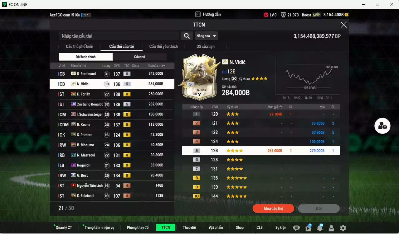 Ảnh Man Utd. 1.568.390b có Ferdinand ITM+5, Vidic ITM+5, Forlán JNM, CR7 CH, Schweinsteiger CC, Keane DC, Mbeumo 23HW, Mazraoui SPL, Reguilón LOL+9, Best LN... Đã đào tạo full chỉ số nhiều CT, dư 31.000TC, VIP BK Tháng 10