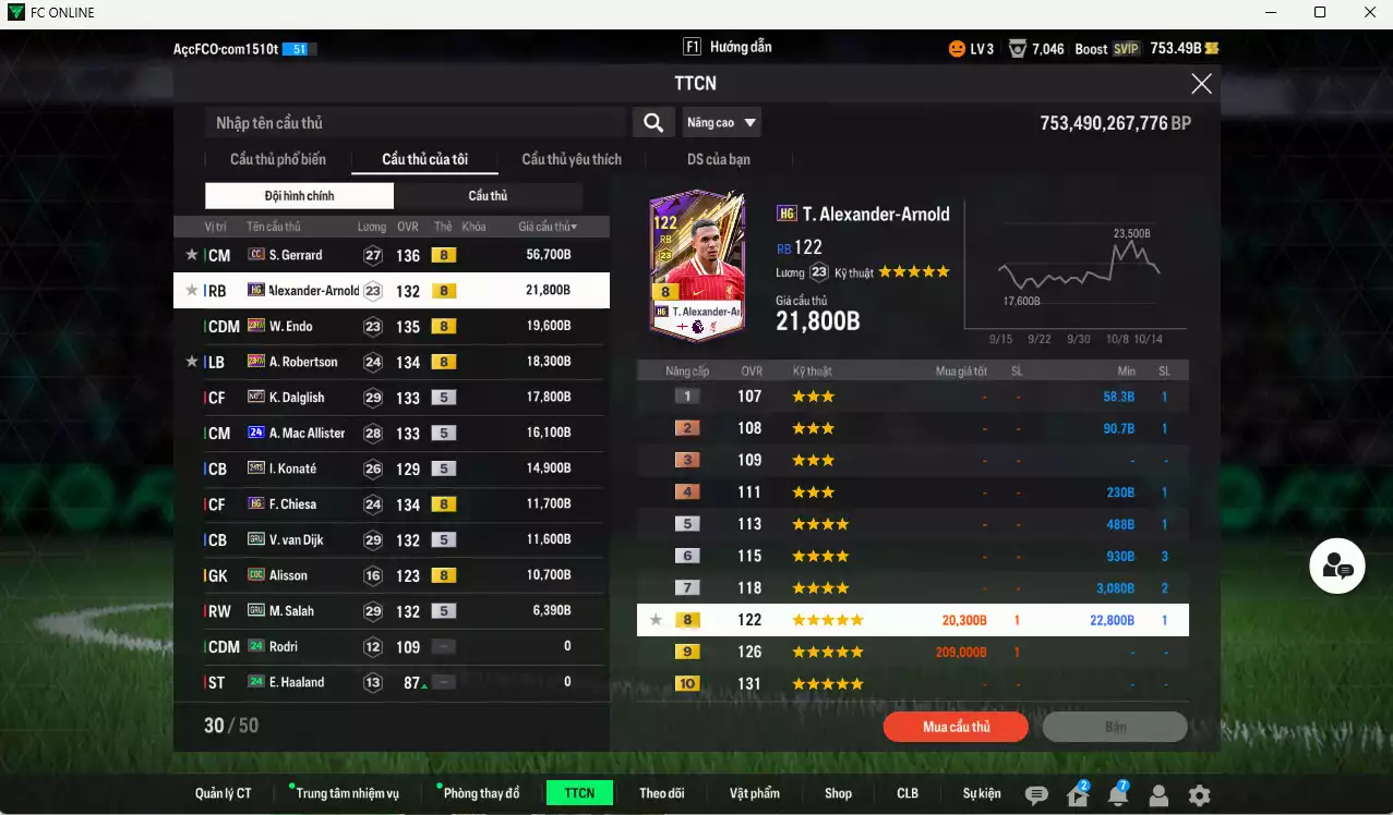 Ảnh [ACC Rẻ🔥] Liverpool 205.490b có Gerrard DC, Arnold HG, Endo 23HW, Robertson 23HW, Dalglish No.7, Mac Allister 24UCL, Konaté 24TS, Van Dijk GRU, Chiesa HG... Đã đào tạo chỉ số nhiều CT