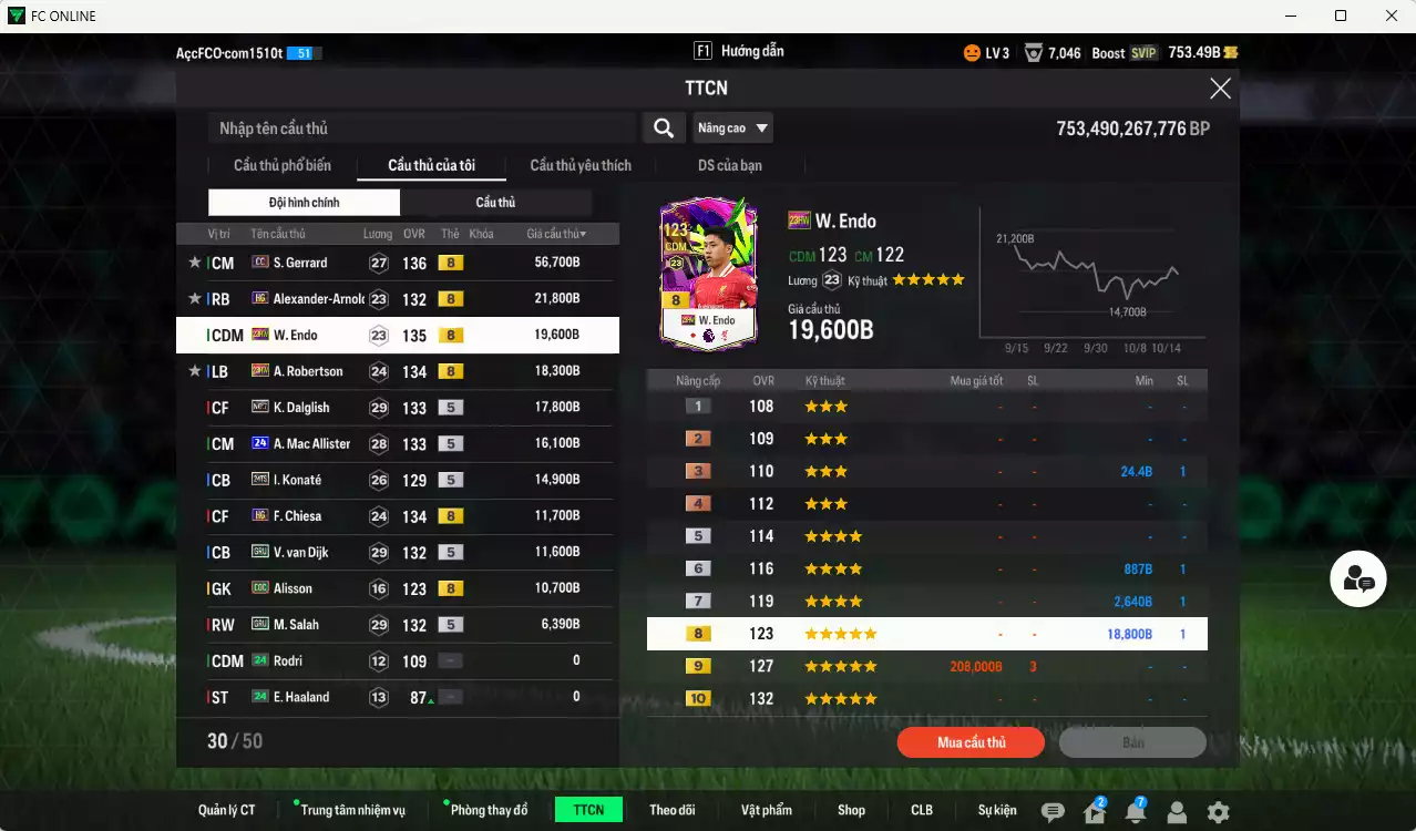 Ảnh [ACC Rẻ🔥] Liverpool 205.490b có Gerrard DC, Arnold HG, Endo 23HW, Robertson 23HW, Dalglish No.7, Mac Allister 24UCL, Konaté 24TS, Van Dijk GRU, Chiesa HG... Đã đào tạo chỉ số nhiều CT