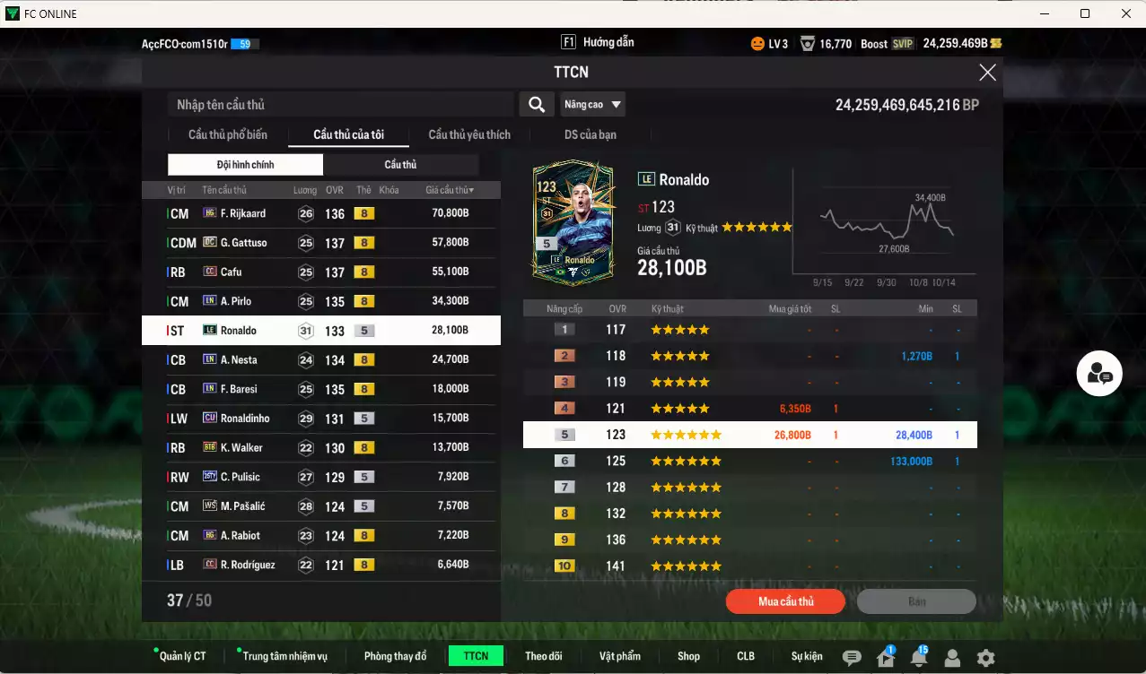 Ảnh [ACC Rẻ🔥] AC Milan 345.660b dư 24.000b có Rijkaard HG, Gattuso DC, Cafu CC, Ronaldo LE, Nesta LN, Baresi LN, Ronaldinho CU, Pirlo LN, Walker BTB, Pulisic 25TY... Đã đào tạo chỉ số nhiều CT